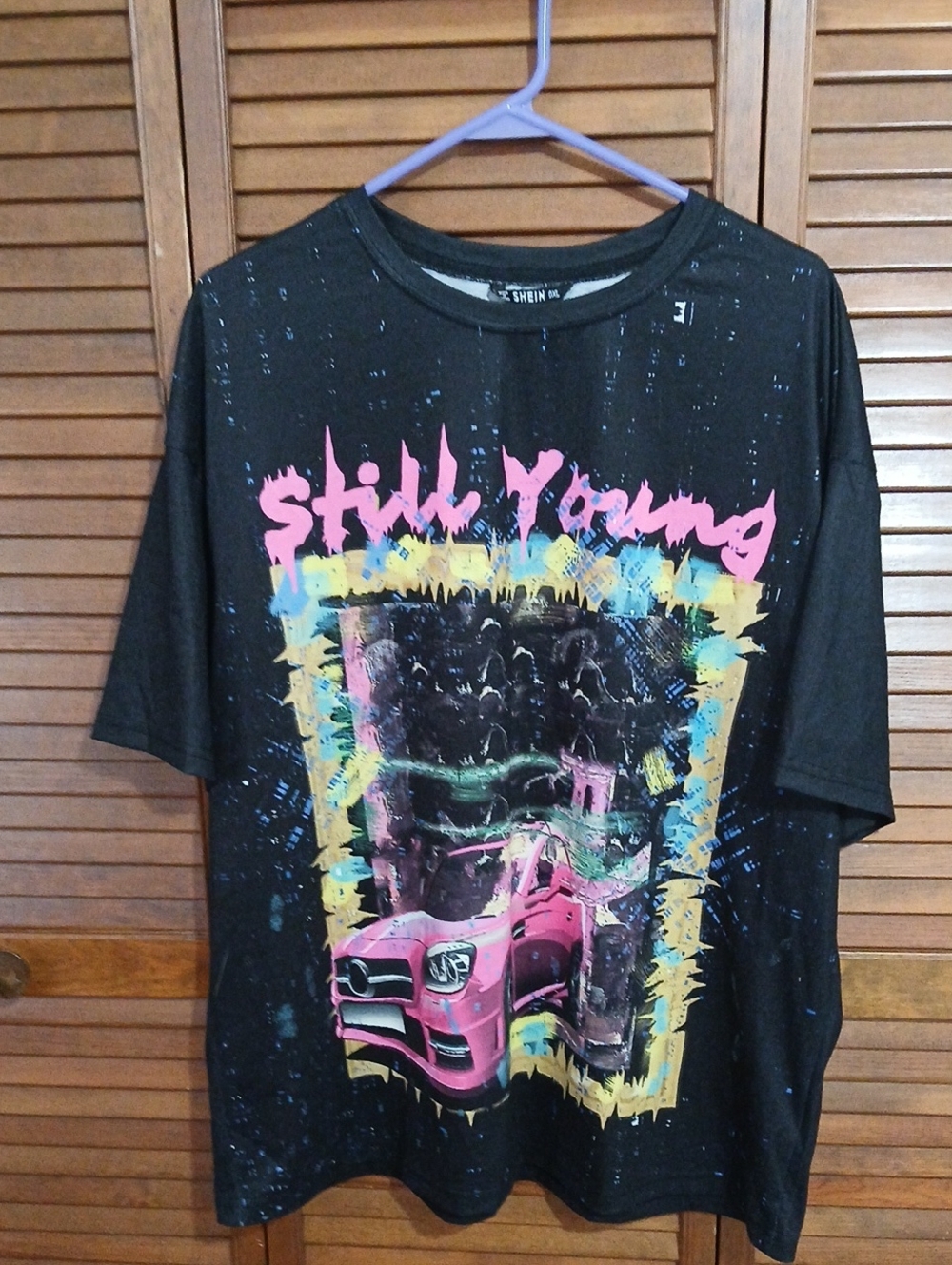 SHEIN Black Short-Sleeve Tee with Pink Car and Neon Print